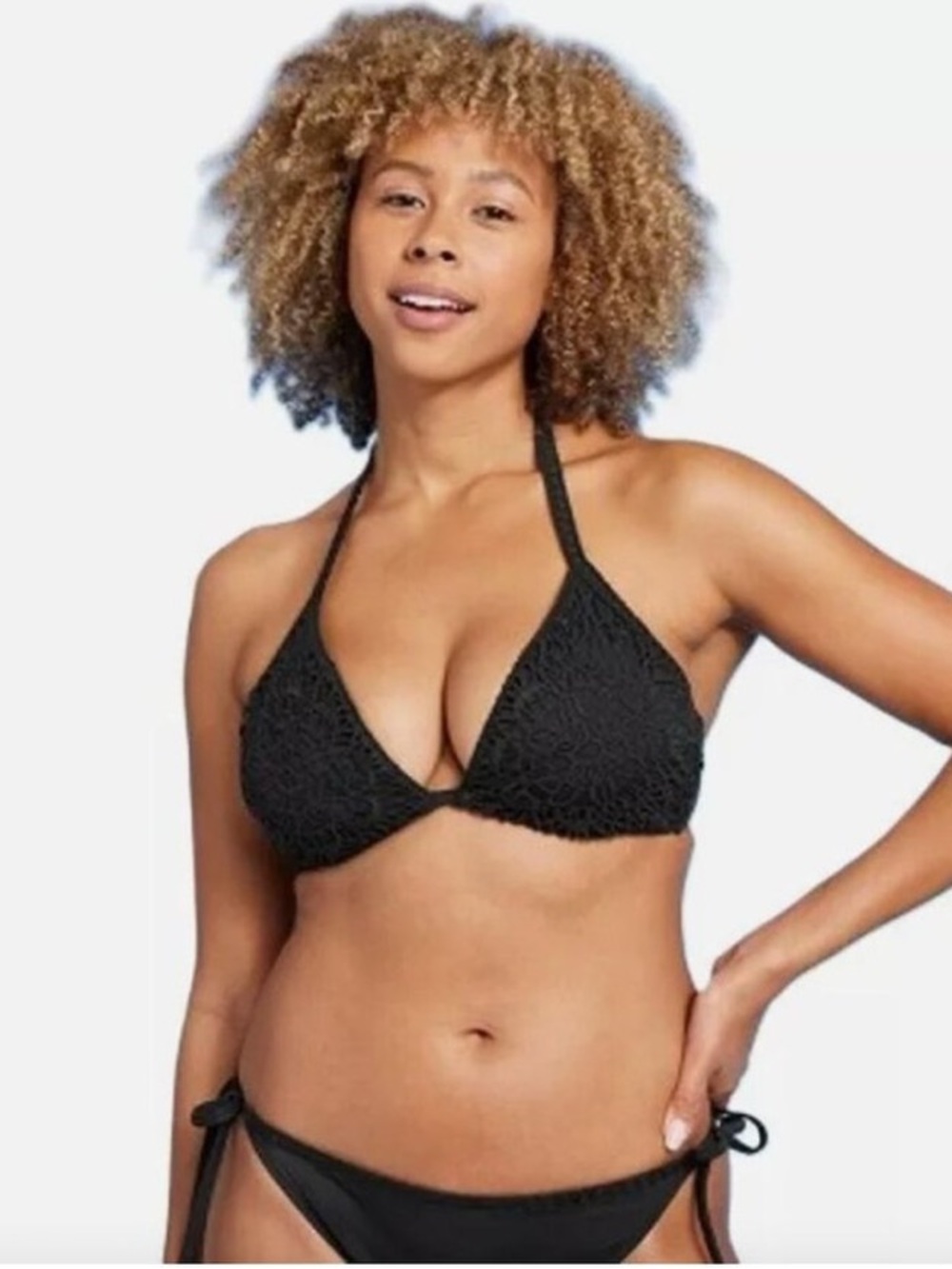 Crochet Black Bikini Top with Floral Design